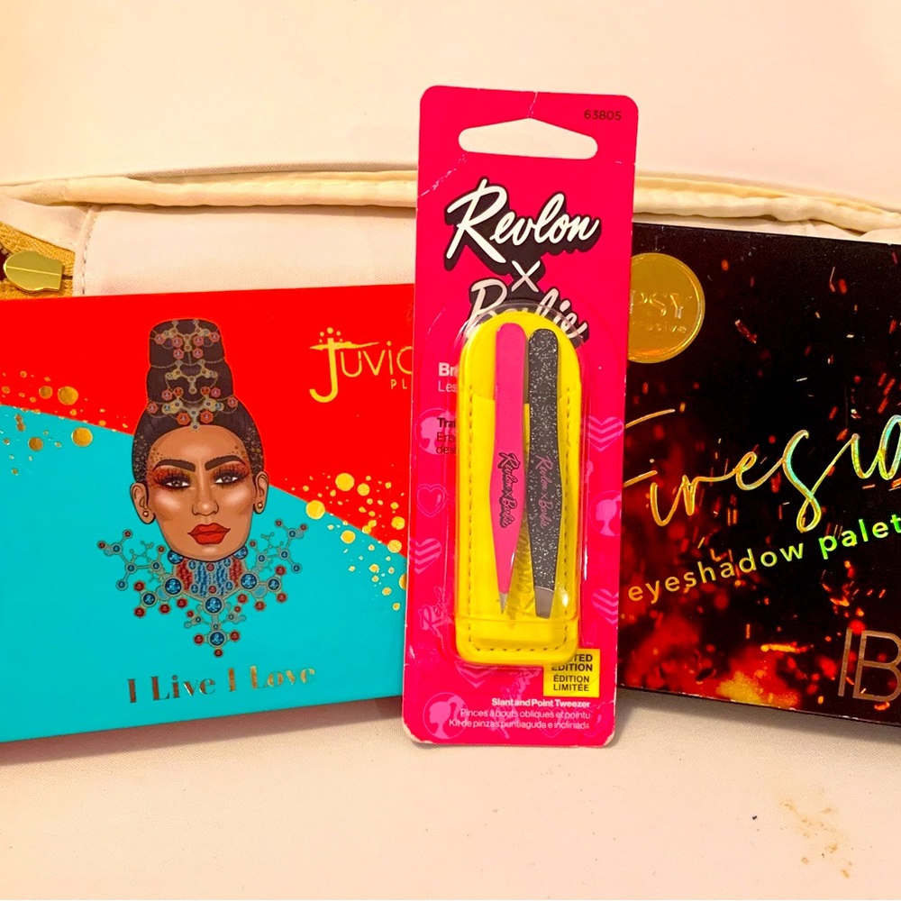 2 Eyeshadow Palettes, Ioni false eyelashes and Revlon Barbie pair of tweezers